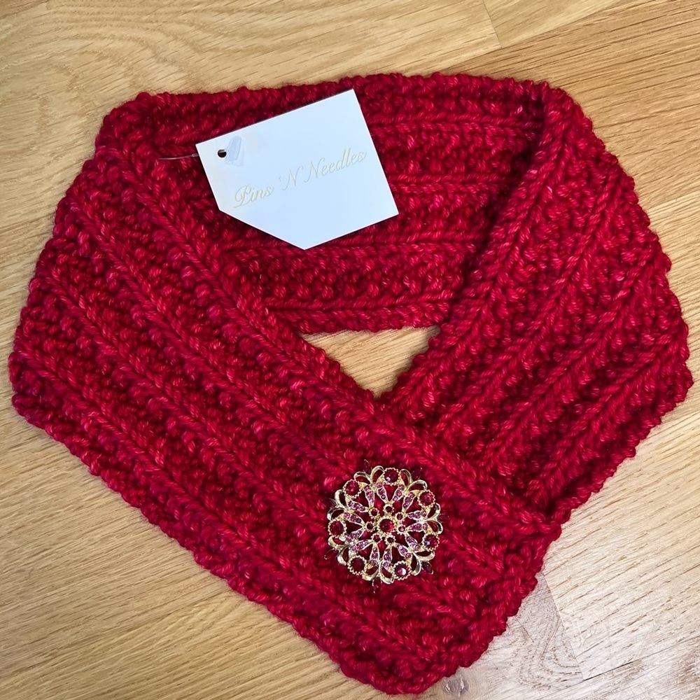 Pins N Needles 100% Wool Headband Red Knit Ear Warmer Rhinestone Brooch NWT